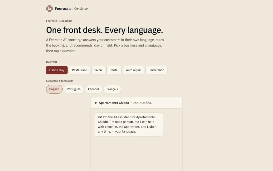 The Feerasta Concierge demo page, labelled Live demo, with a choice of sample businesses and languages and a chat answering a guest at a sample Lisbon apartment.