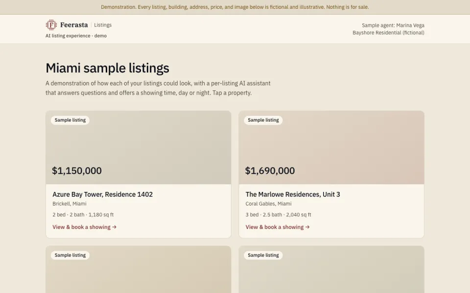 The Feerasta Listings demo, with a banner saying every listing, address, price and image is fictional, a sample agent named Marina Vega of Bayshore Residential (fictional), and listing cards each tagged Sample listing.