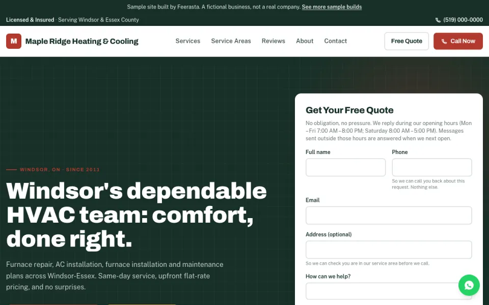 Sample website for Maple Ridge Heating and Cooling, a fictional Windsor heating company. A banner across the top reads: Sample site built by Feerasta. A fictional business, not a real company.